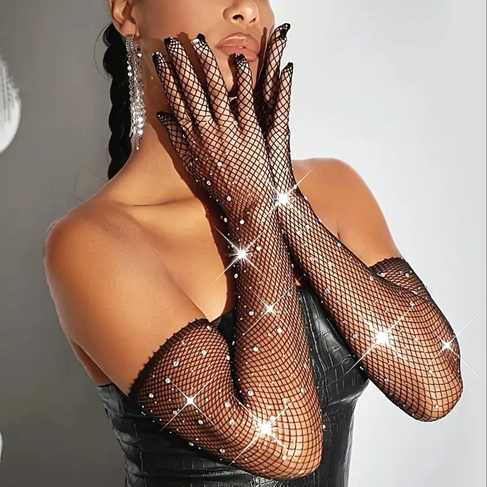 Elegant Opera Length Fishnet Rhinestone Crystal Embellished Black Gloves